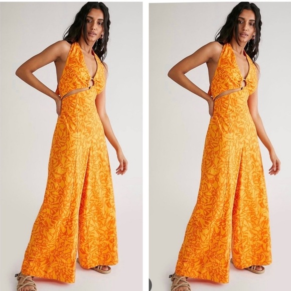 NWOT Free People Kira Jumpsuit red/pink 
Wide Leg Size L - Picture 7 of 9